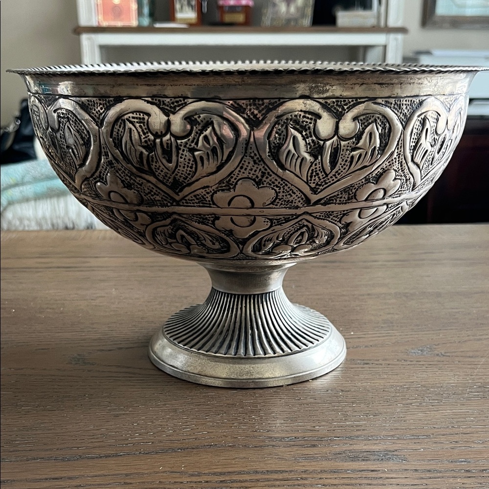 Vintage Silver-tone Ornate Repousse Decorative Bowl